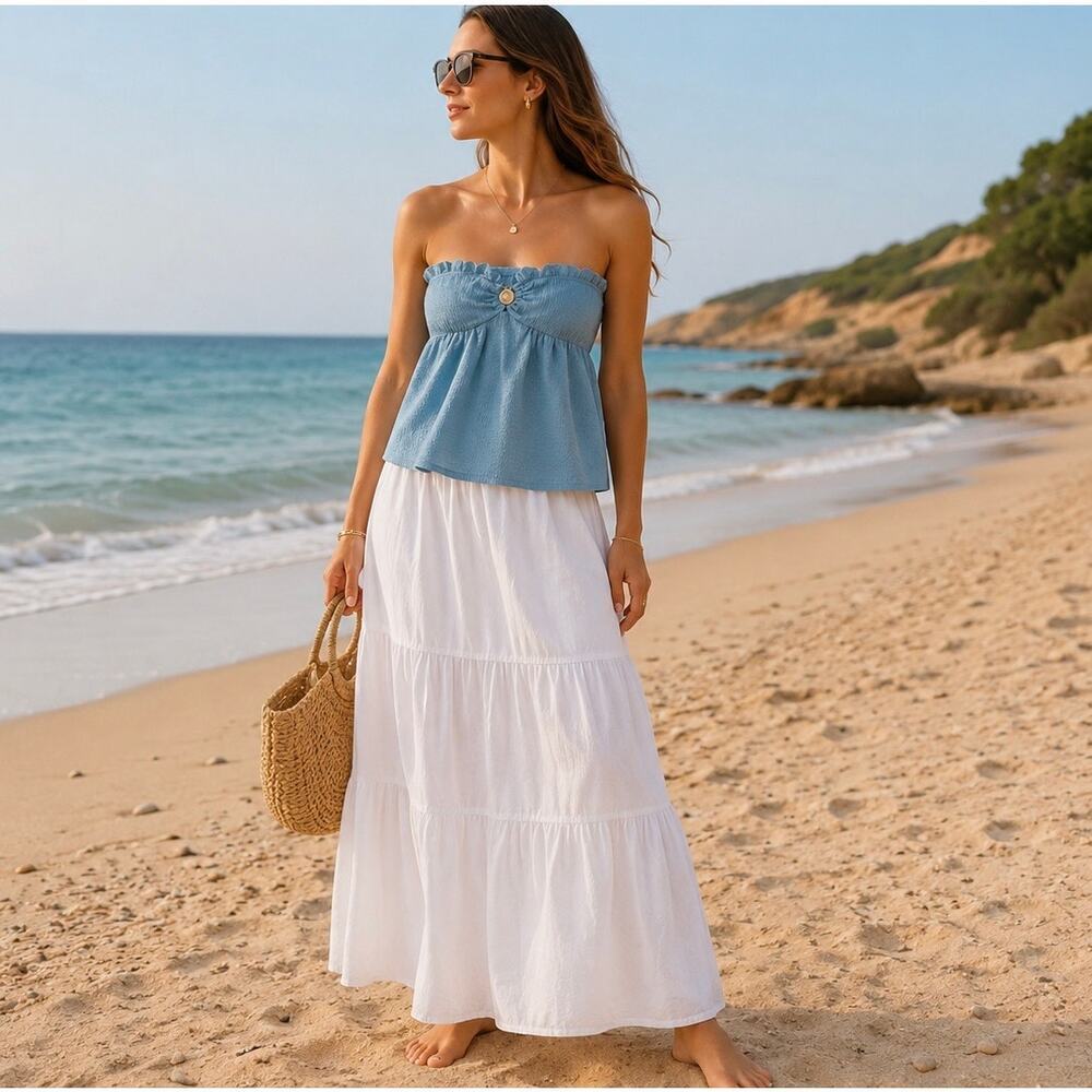 Baby Blue Smocked Strapless Peplum Top Ruffle Summer Beach Resort Europe